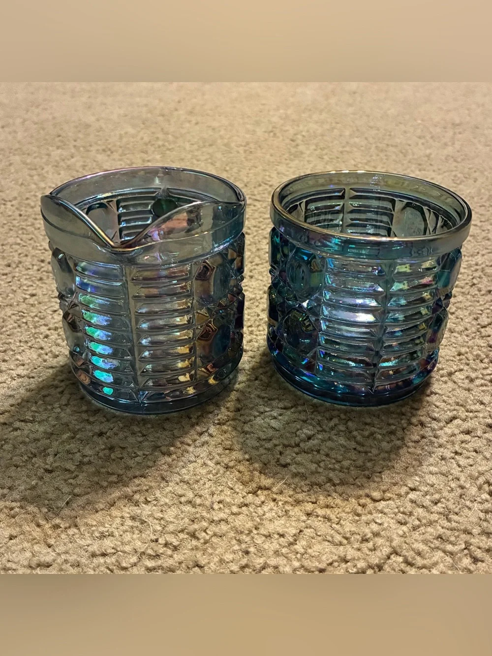 Vintage Iridescent Blue Indiana Carnival Windsor Glass Creamer & Sugar Bowl Set